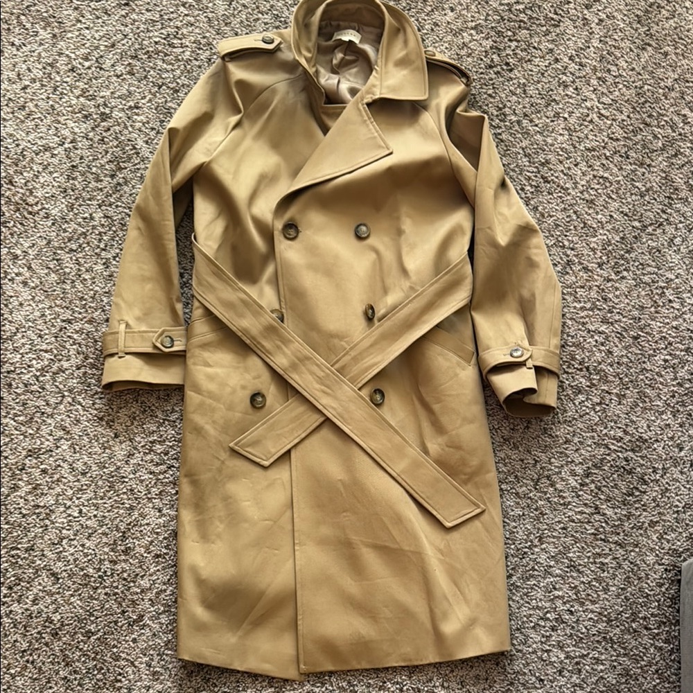 Sezane Scott Tan Trench Coat with Belted Waist and Epaulette.
